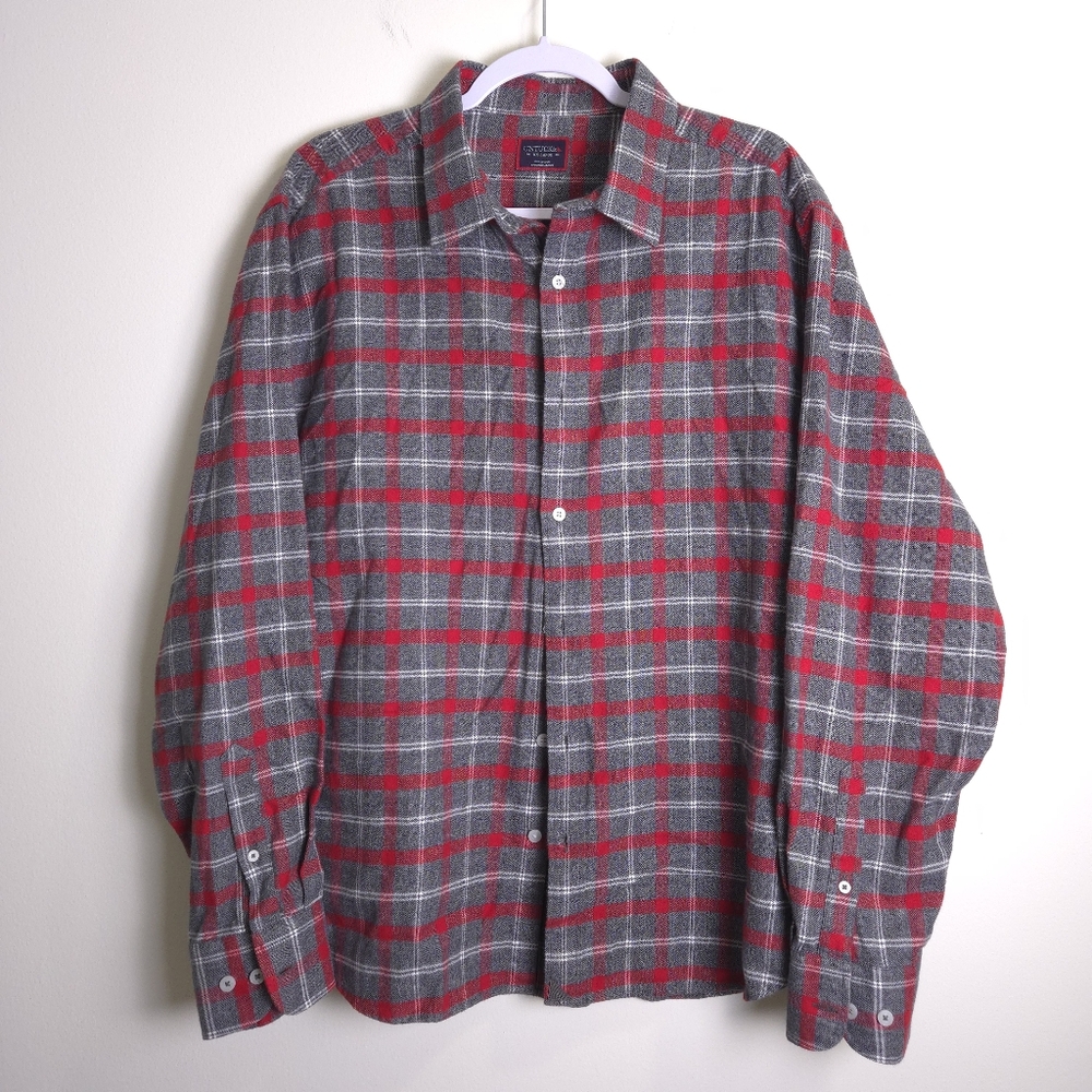 Untuckit Jaxon Grey Red Check Flannel‎ Regular Fit Shirts XXL